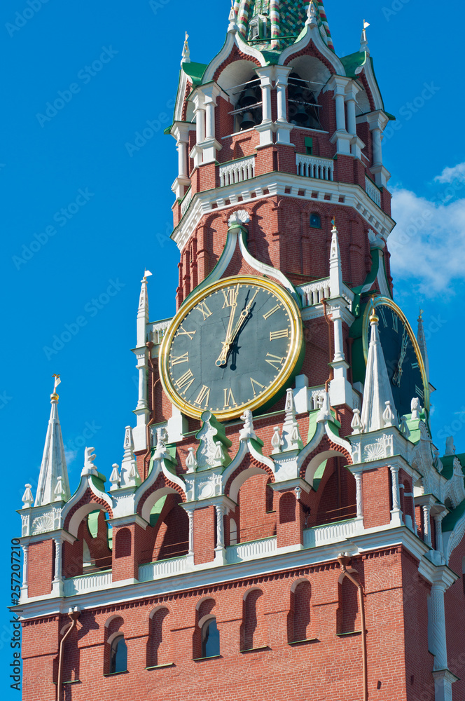 The Kremlin Clock (Kremlin Chimes). Spasskaya Tower. Sunny day. Moscow. Russia