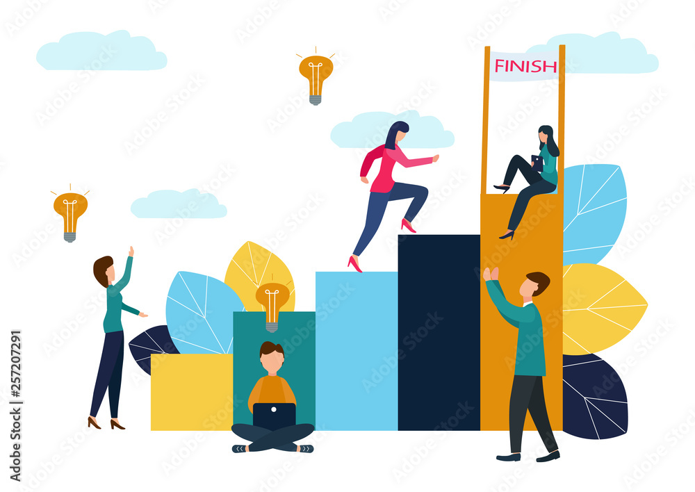 Vector illustration, people run to their goal in a column of columns, increase motivation, the way to achieve the goal. Vector illustration, people run to their goal in a column of columns, increase motivation, the way to achieve the goal.