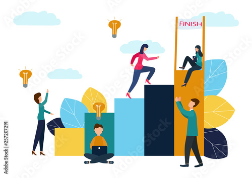 Vector illustration, people run to their goal in a column of columns, increase motivation, the way to achieve the goal.