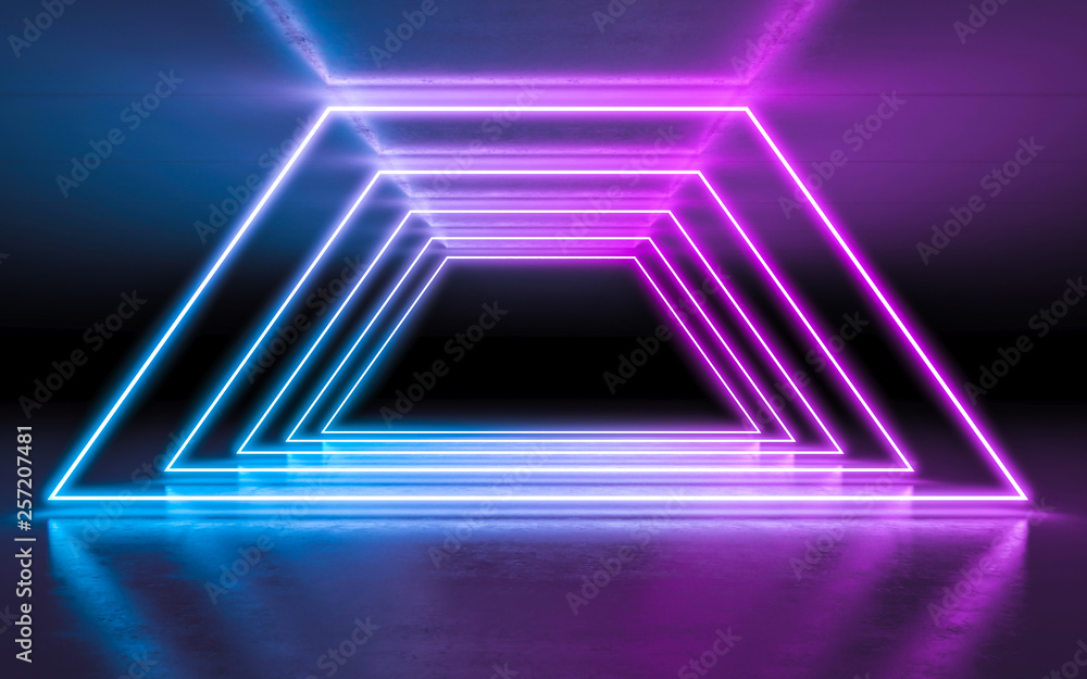 Abstract background purple and blue neon glowing lights in empty dark room with reflection. 3d rendering Abstract background purple and blue neon glowing lights in empty dark room with reflection. 3d rendering