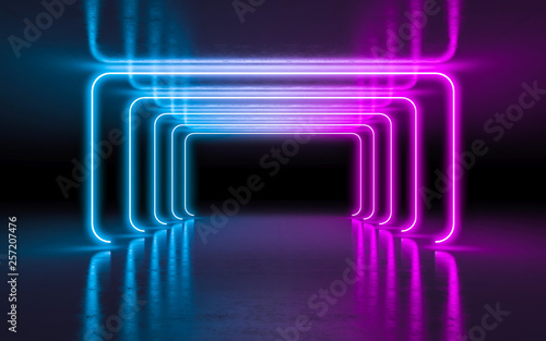 Abstract background purple and blue neon glowing lights in empty dark room with reflection. 3d rendering
