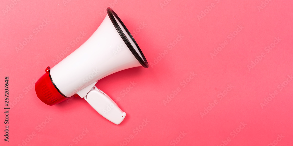 A megaphone on a pink paper background - obrazy, fototapety, plakaty 