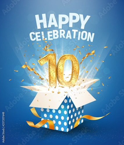 10 th years anniversary and open gift box with explosions confetti. Template tenth birthday celebration on blue background vector Illustration