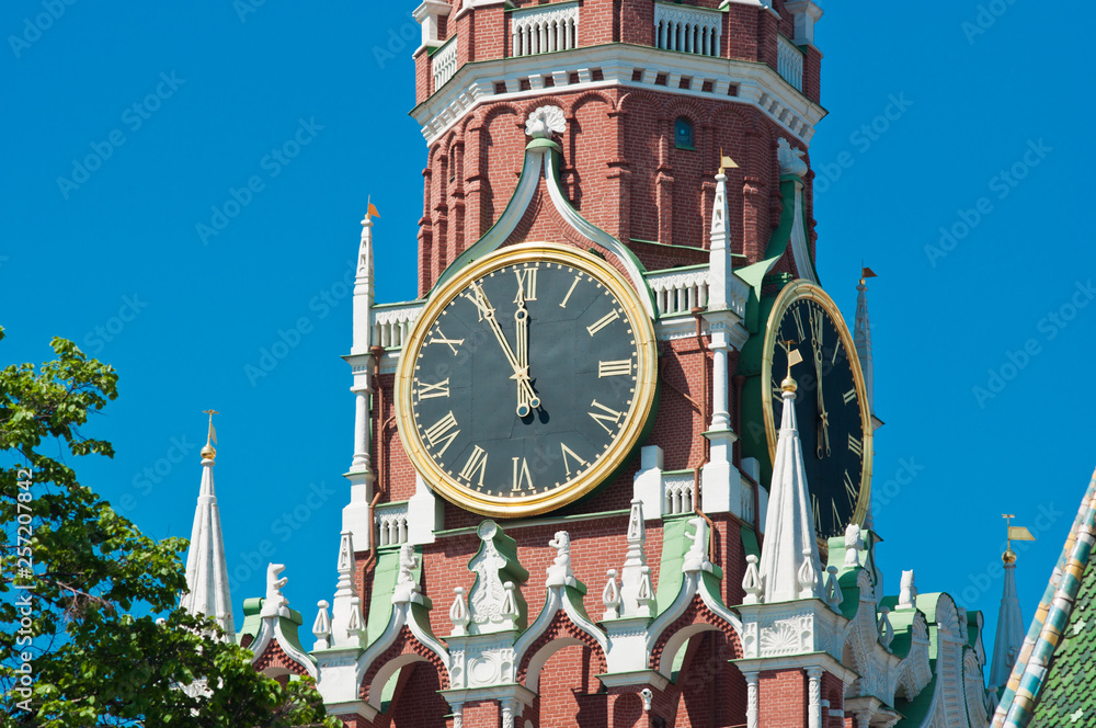 The Kremlin Clock (Kremlin Chimes). Five minutes to twelve. Spasskaya Tower. Moscow. Russia