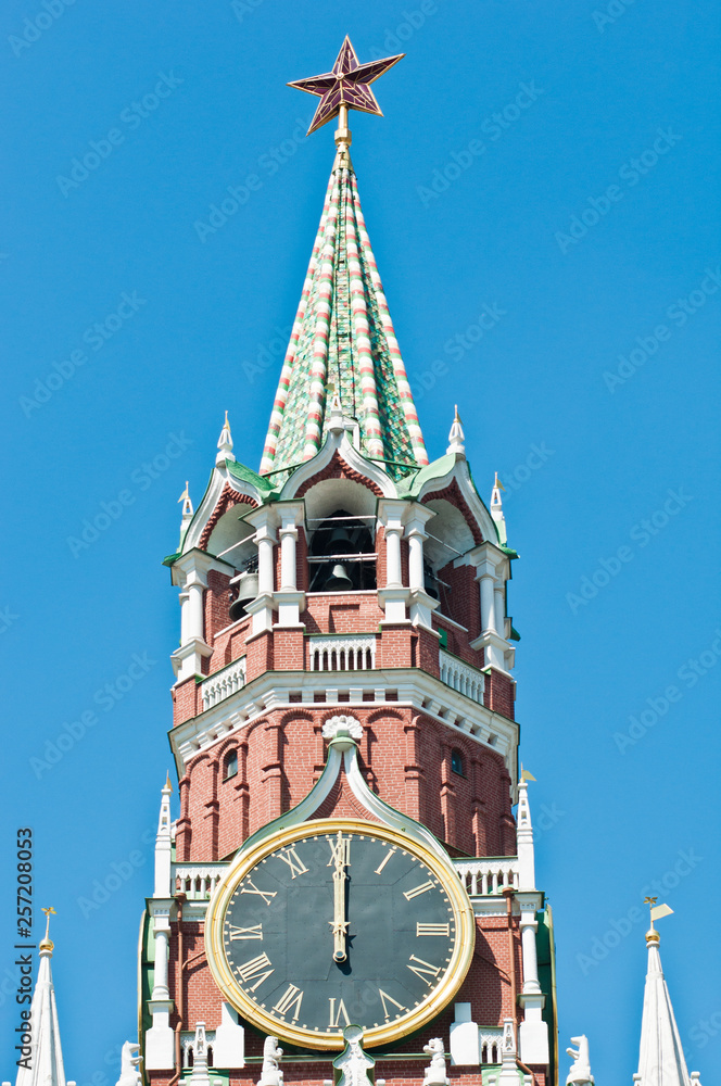 Kremlin chiming clock on the Spasskaya Tower. Noon. Moscow. Russia