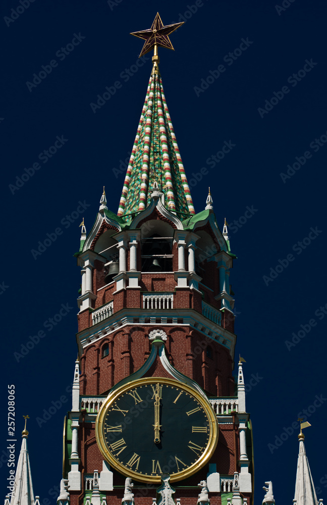 The Kremlin Clock (Kremlin Chimes). Twelve o'clock. Spasskaya Tower. Moscow. Russia
