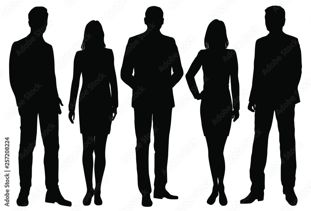 Vector silhouettes men and women standing, business,  people, group,  black color, isolated on white background