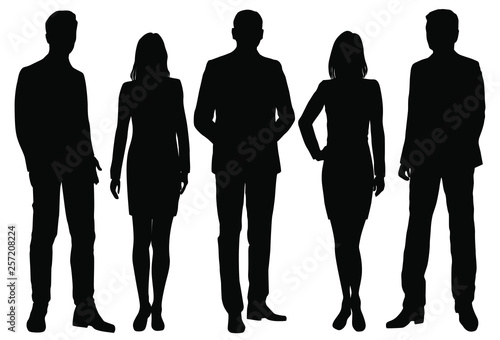 Vector silhouettes men and women standing, business,  people, group,  black color, isolated on white background photo