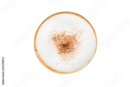 Foto Top view of cappuccino milk foam topped with cocoa power isolated on white background