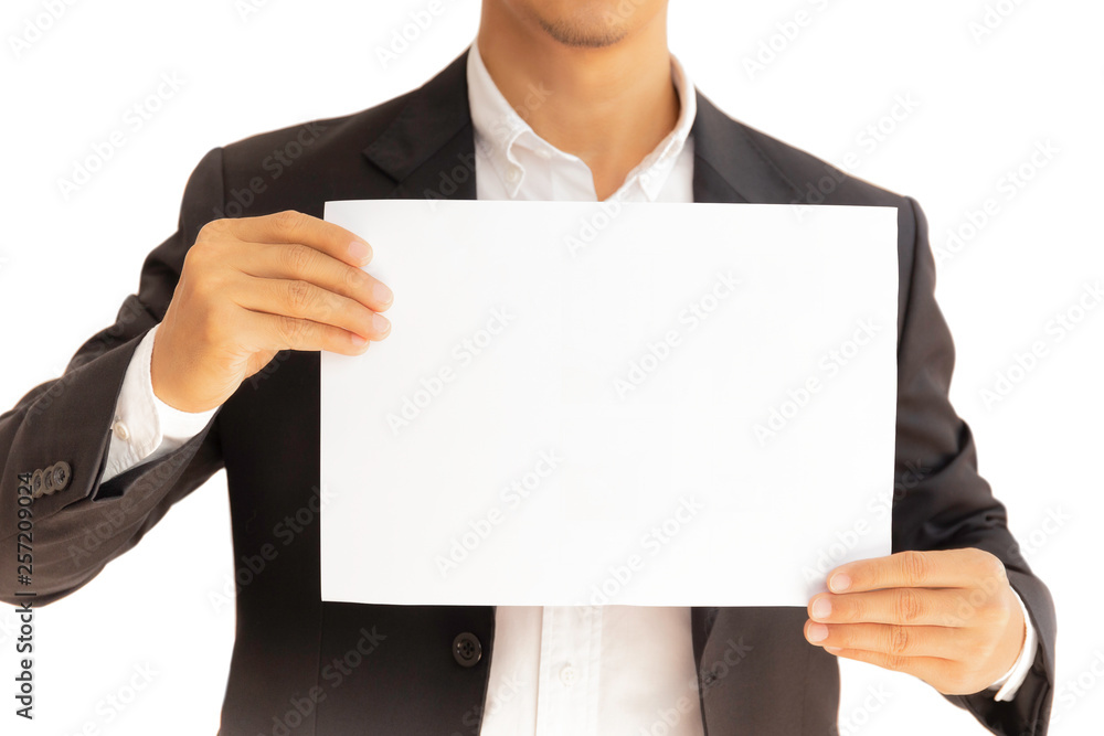 Businessman holding white clear paper board in hands isolated in clipping path. Businessman holding white clear paper board in hands isolated in clipping path.