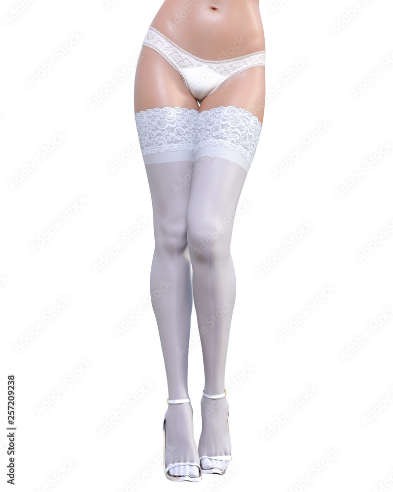 3D Beautiful sexy female legs white lingerie and stockings.Woman studio photography.High heel.Conceptual fashion art.Seductive candid pose.Render isolated illustration.Summer intimate clothes. 3D Beautiful sexy female legs white lingerie and stockings.Woman studio photography.High heel.Conceptual fashion art.Seductive candid pose.Render isolated illustration.Summer intimate clothes.