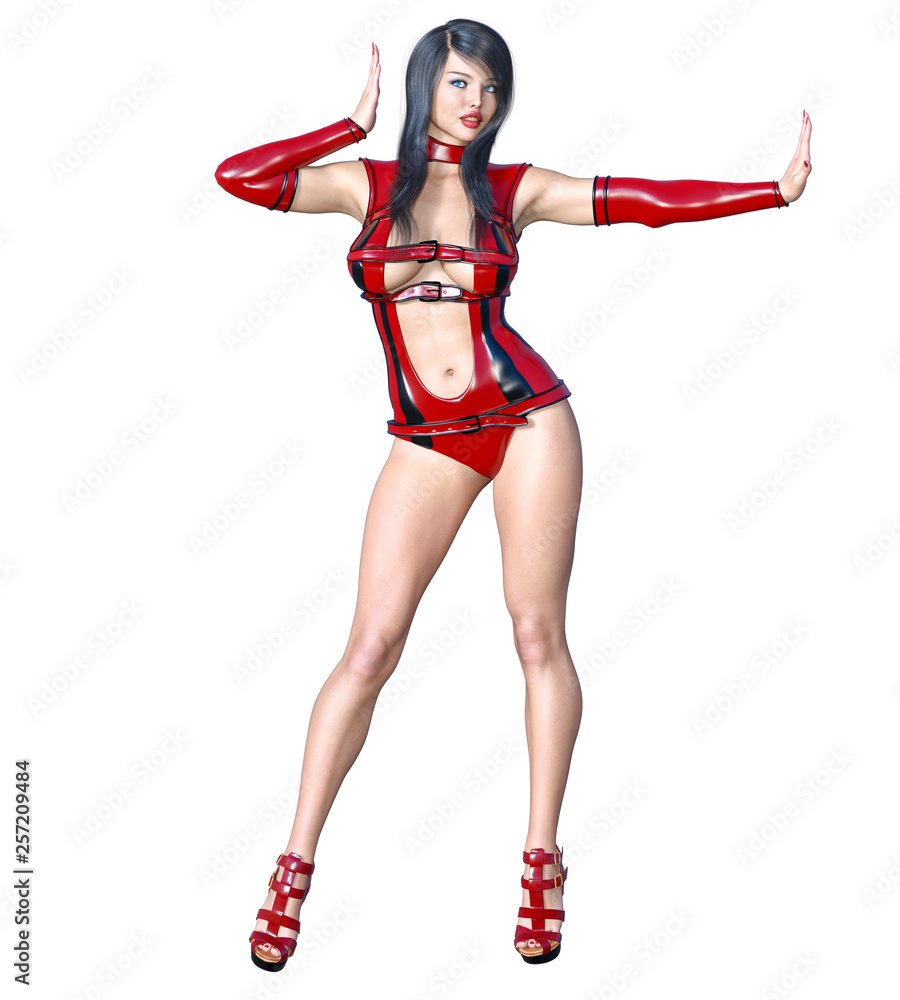 Tall sexy woman in minimalist extravagant sexy latex body suite. Conceptual fashion art. Seductive candid pose. Realistic 3D render illustration. Studio, high key. Tall sexy woman in minimalist extravagant sexy latex body suite. Conceptual fashion art. Seductive candid pose. Realistic 3D render illustration. Studio, high key.