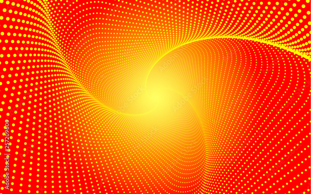 Whirlwind, a spiral of dots on a gradient background. Smooth pattern of many dots on red orange background. Vector EPS