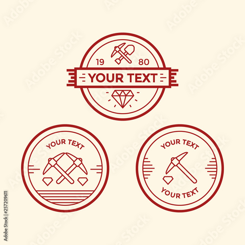 Monoline mining or miner circle or round badge template with pickaxe and shovel