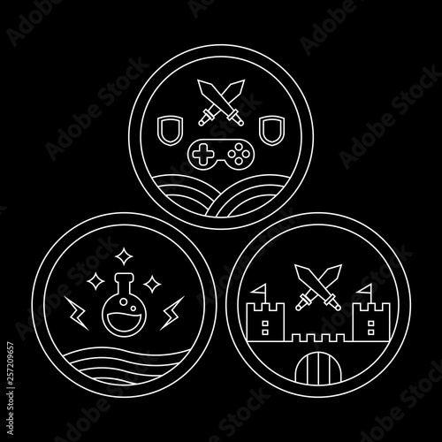 Monoline RPG or medieval warrior and magic roleplay Game emblem, badge or icon set