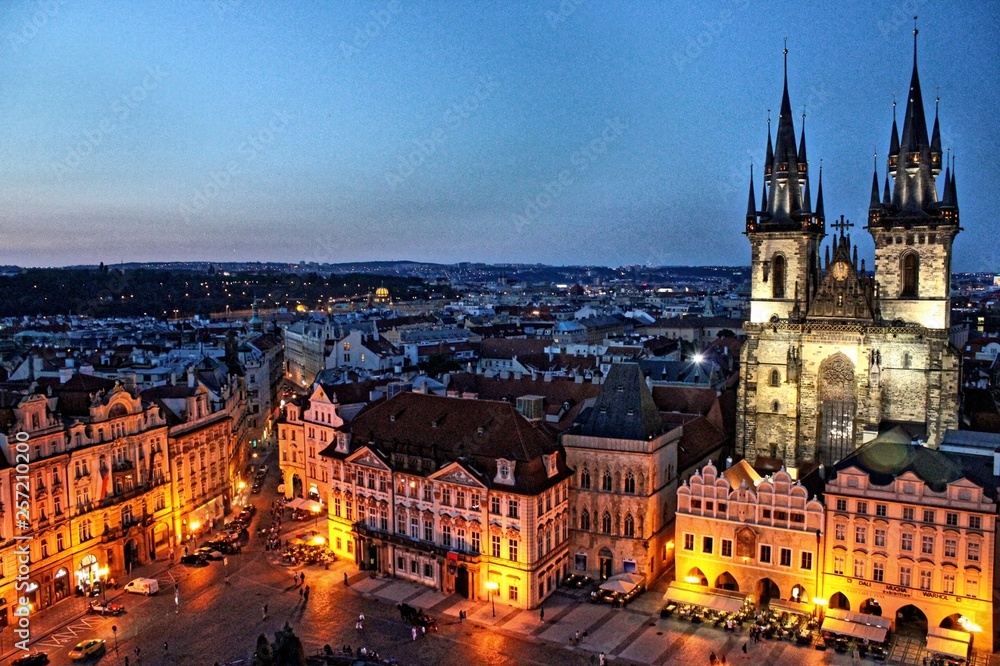 The view from the town hall to the main square and the historical center of Prague, Czech Republic.