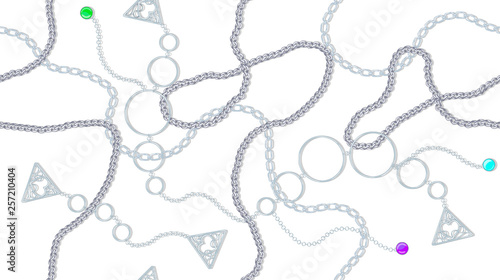 Seamless vector pattern with silver chains and ornament rings, silver bracelets and pendants on a white backdrop. For printing on textiles, fashionable dresses and T-shirts.