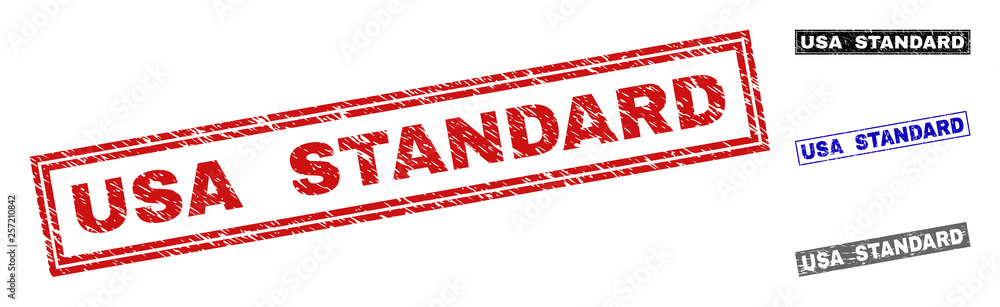Grunge USA STANDARD rectangle stamp seals isolated on a white background. Rectangular seals with grunge texture in red, blue, black and gray colors. Grunge USA STANDARD rectangle stamp seals isolated on a white background. Rectangular seals with grunge texture in red, blue, black and gray colors.