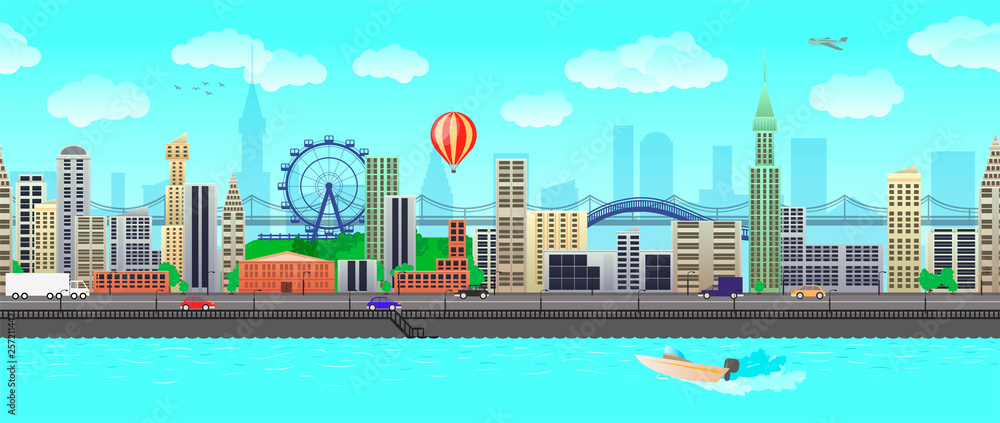 Vector seamless recurring illustration of city panorama in flat cartoon style. Buildings, houses, roads, cars, a ferris wheel and a river. For printing on textiles, for bed linen, wallpaper, banners.
