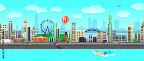 Vector seamless recurring illustration of city panorama in flat cartoon style. Buildings, houses, roads, cars, a ferris wheel and a river. For printing on textiles, for bed linen, wallpaper, banners.