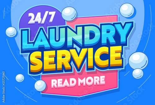 Laundry Service Washing Clothing Textiles Typography Banner. Utility Room for Wash Clothes. Launderette Commercial Establishment. Clean Delicate Fabric. Flat Cartoon Vector Illustration