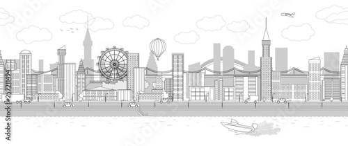 Vector seamless repeating illustration of a sketch city in black and white color. Buildings  houses  roads  cars  a ferris wheel and a river. For printing on textiles  for bed linen  wallpapers.