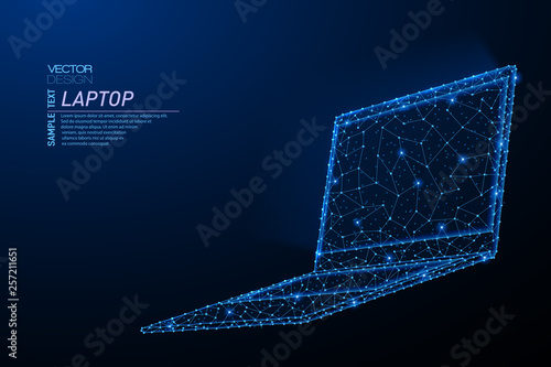 Abstract polygonal light design of laptop with glowing screen.