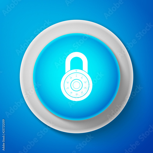 Safe combination lock wheel icon isolated on blue background. Combination Padlock. Protection concept. Password sign. Circle blue button. Vector Illustration