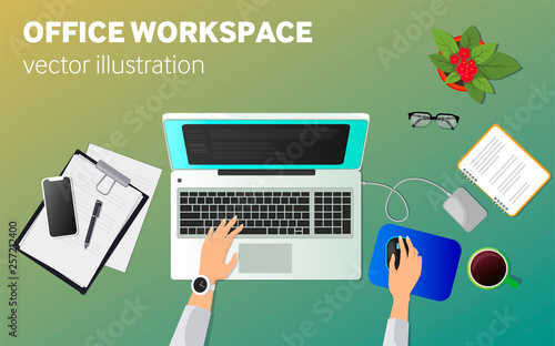 Vector illustration of work space in the office or at home. Desktop with laptop, tablet and hands. View from above. Illustration for banner, website or article.