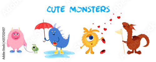Vector set of multi-colored isolated cartoon monsters. Characters in a flat cartoon style for the site or corporate identity.