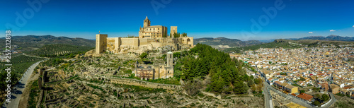 Alcala la Real aerial panorama view of the medieval ruined hilltop fortress from the Arab times in Andalucia Spain near Granada