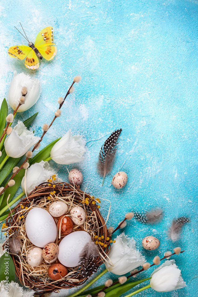 Fototapeta Wielkanocna kompozycja z pisankami w gnieździe, gałązkami wierzby cipki i białymi tulipanami