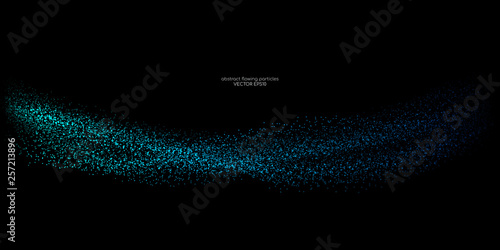 Flowing particles wave pattern, blue and green color isolated on black background. Vector in concept of AI technology, science, music.