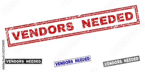 Grunge VENDORS NEEDED rectangle stamp seals isolated on a white background. Rectangular seals with grunge texture in red, blue, black and grey colors.
