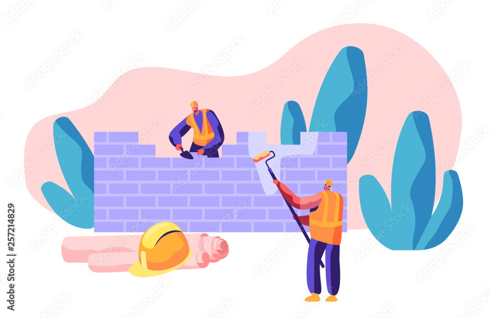 Professional Builder in Uniform in Process Construction Brick Wall. Worker  Mason with Spatula Build Brickwork House. Person Hold Paint Roller in Hand.  Flat Cartoon Vector Illustration Stock Vector | Adobe Stock