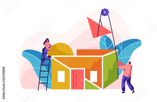 Team Builder Construction New Color Home. Woman on Ladder in Process Installation Roof in House. Man with Help Winch to Lift Up Part Material. Stage Project Building. Flat Cartoon Vector Illustration