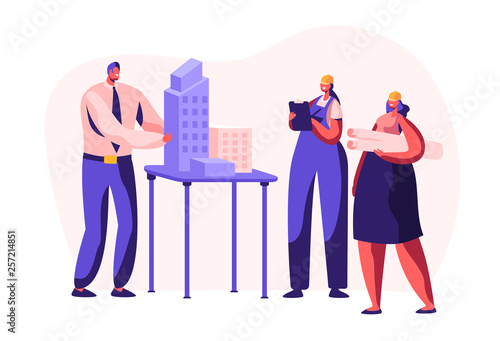 Architect Engineer Create Building Project in Office. Woman Worker in Helmet Projecting Construction Plan. Builder Working House Development. Engineering Home Design. Flat Cartoon Vector Illustration