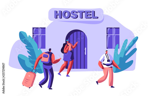 Young Couple in Love Rent Economy Apartment. Man and Woman Character Arrive to Hostel Building with Bag. International Travel Concept. People Booking Hotel for Holiday Flat Cartoon Vector Illustration