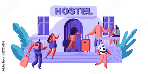Exterior Hostel for Tourist. Arrival of Character for Visit City. Cheap Place for Living or one Night. Alternative Home for some Day. Room for Relaxation. Flat Cartoon Vector Illustration