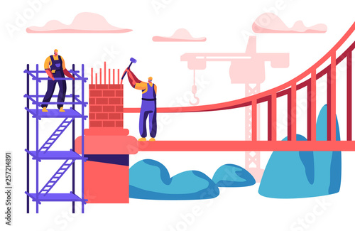 Builder Man Building Bridge with Bricks. Group of Engineer Build Gate with Hammer. Worker in Helmet Construct Standing on Ladder. Engineering Construction Crane Flat Cartoon Vector Illustration