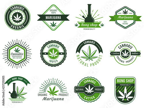 Marijuana label. Smoke weeds, cannabis joint and hashish or weed smoking device. Marijuana seeds vector illustration set