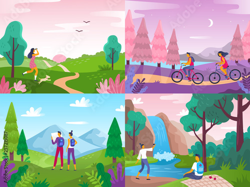 Tourism on nature. Mountaineering travelers, travel explore landscape and traveling sport rest flat vector illustration
