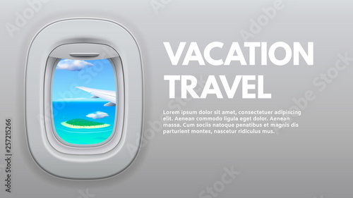 Airplane porthole view. Travel aircraft wing in window, traveler air plane and vacation traveling concept vector illustration