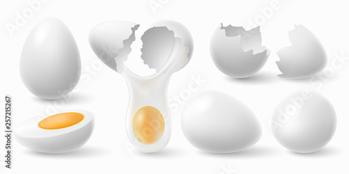 Chicken eggs. White easter egg, cracked eggshell and boiled egg 3d realistic vector illustration set