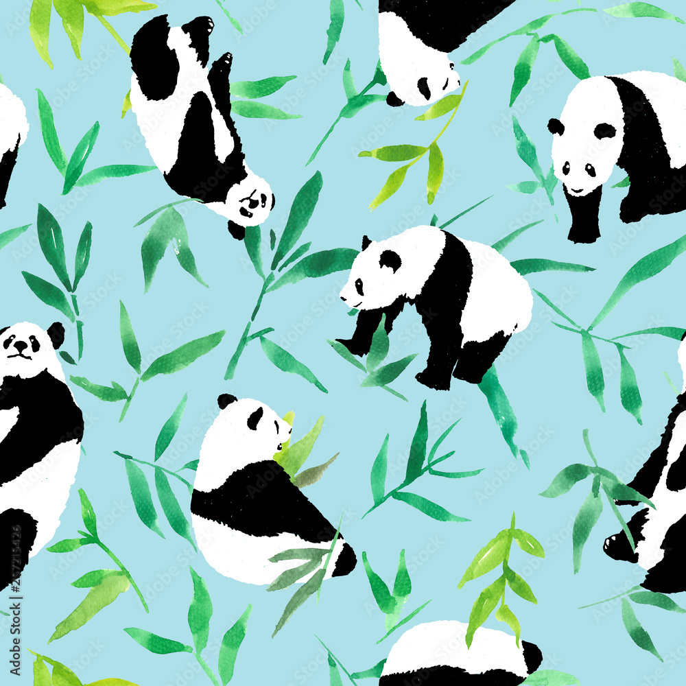 Obraz premium seamless pattern watercolor of green bamboo leaves and panda, illustration