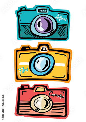 Action, film, cartoon cameras with colors hand drawing vector icon