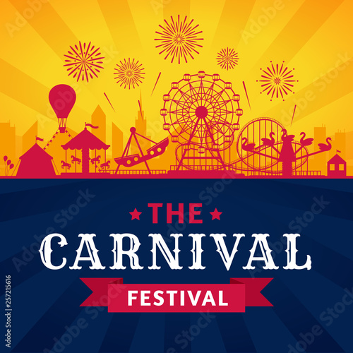 Amusement park poster. Roller coaster, ferris wheel and carnival carousel festive parks attractions vector silhouette background