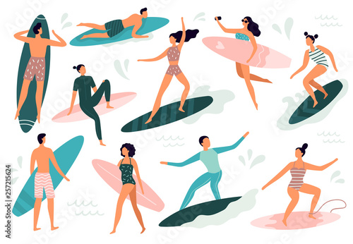 Surfing people. Surfer standing on surf board, surfers on beach and summer wave riders surfboards vector illustration set