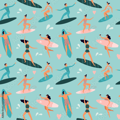 Beach surfing. Surfers with surfboards, surfer rides wave and summer outdoors surfboards seamless vector pattern illustration