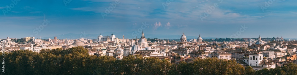 Rome, Italy. Cityscape Skyline With Pantheon, Altar Of The Fatherland And Other Famous Lanmarks In Old Historic Town